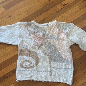 White and Pink Knit Crew Neck Sweater with Paisley Design